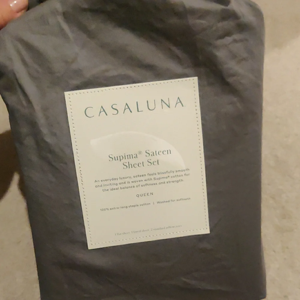 New!Casaluna Queen Supima Sateen Bedding Sheet Set Gray Vintage Retro Inspired